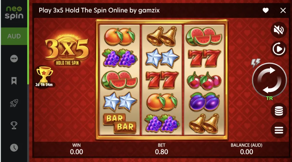 Interface of the pokies: 3x5 Hold The Spin Online