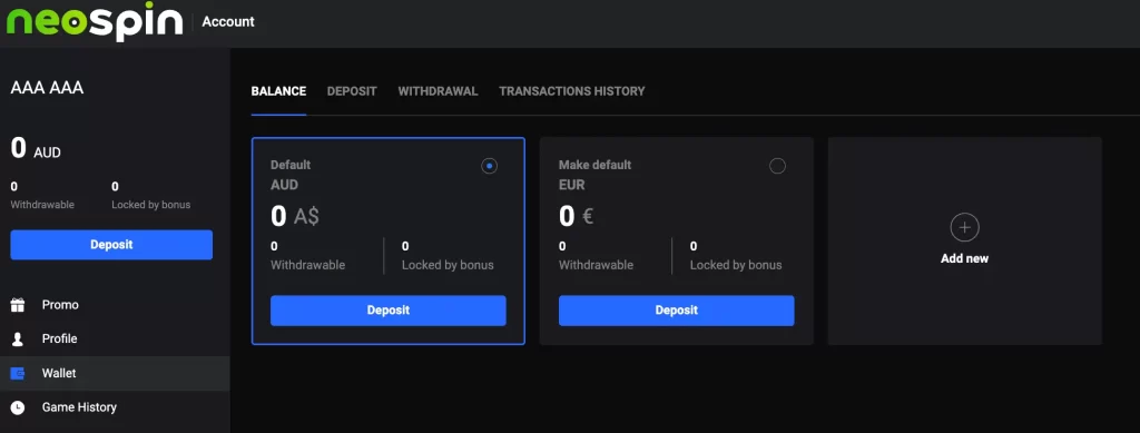 NeoSpin payment account