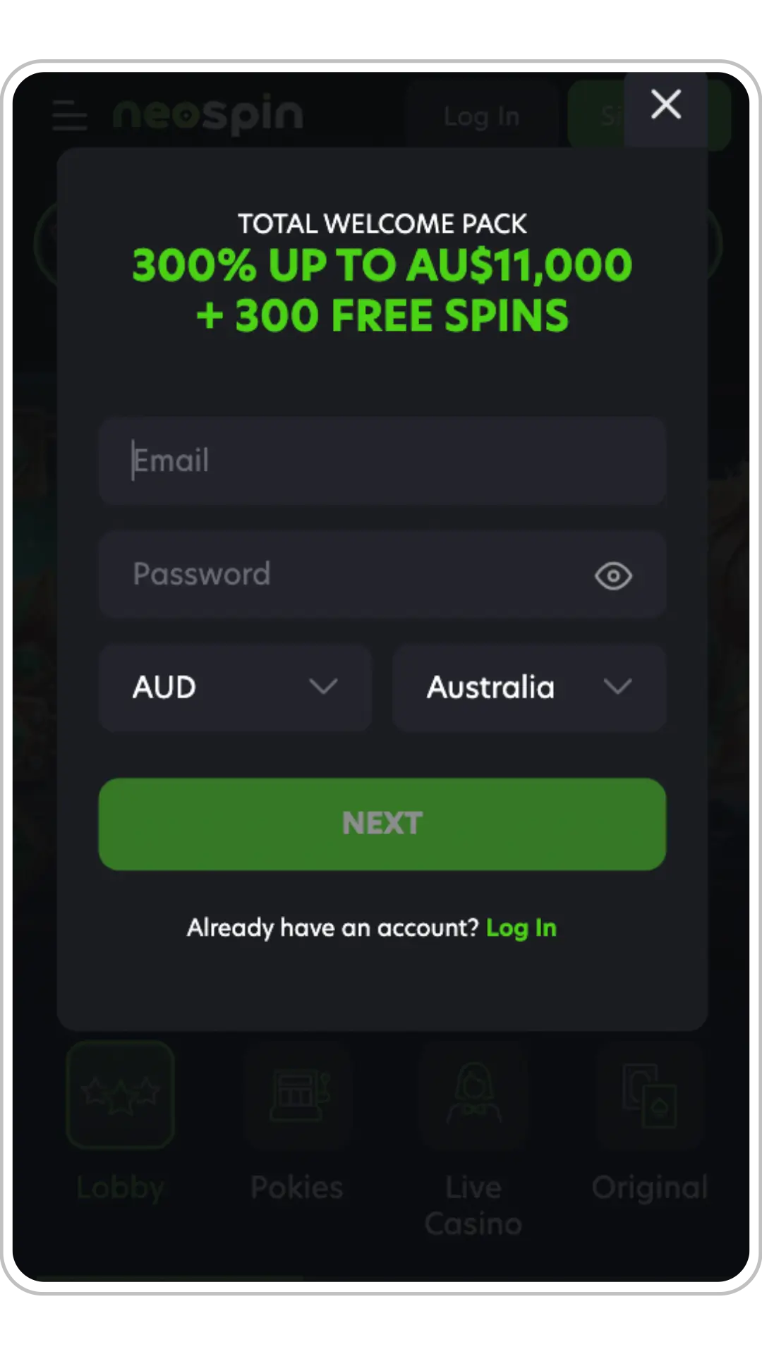 NeoSpin Casino Account sign up form