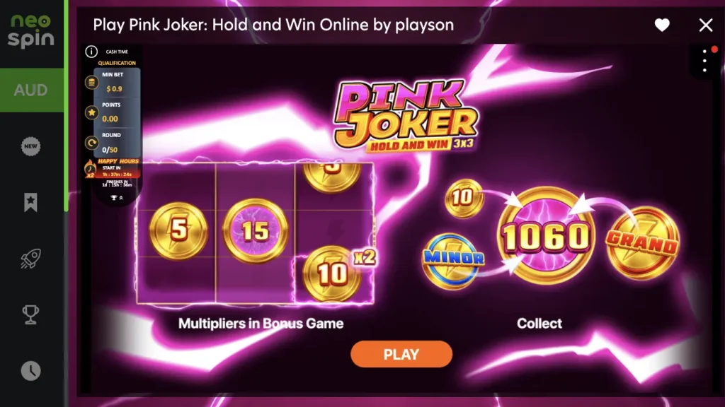 Interface of the pokies: Pink Joker